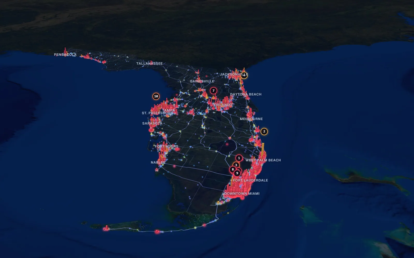 3D map of facelift surgeons in Florida