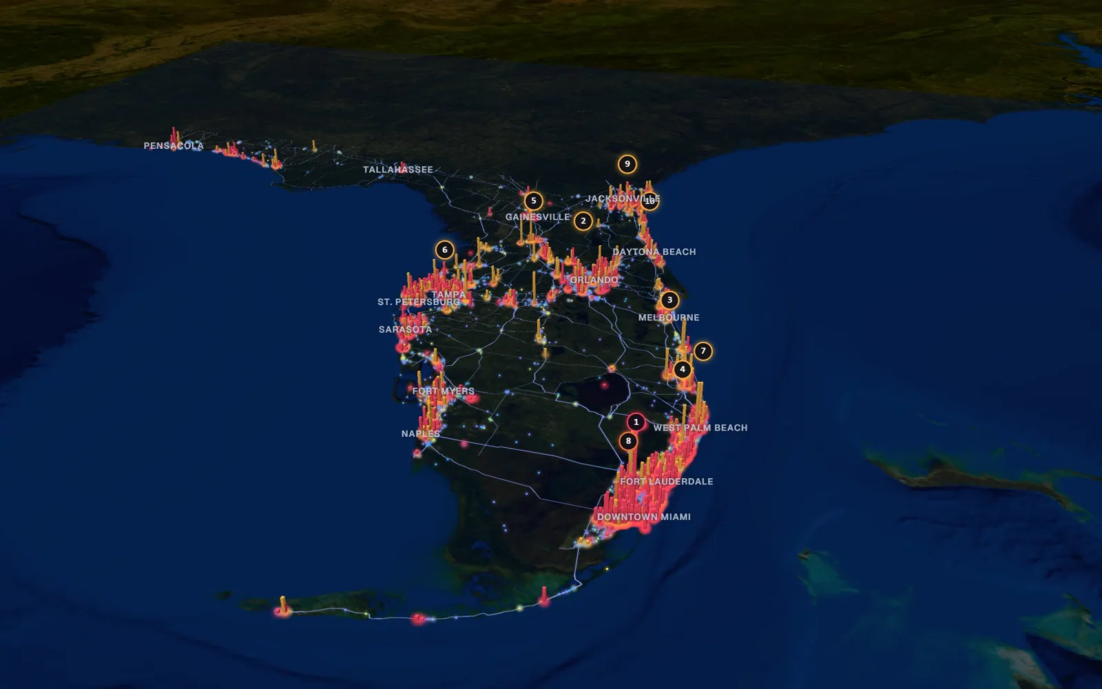 3D map of facelift surgeons in Florida