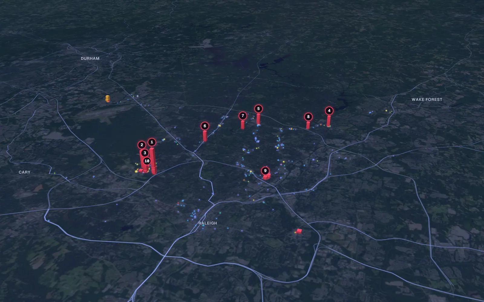 3D map of breast surgery surgeons in Raleigh