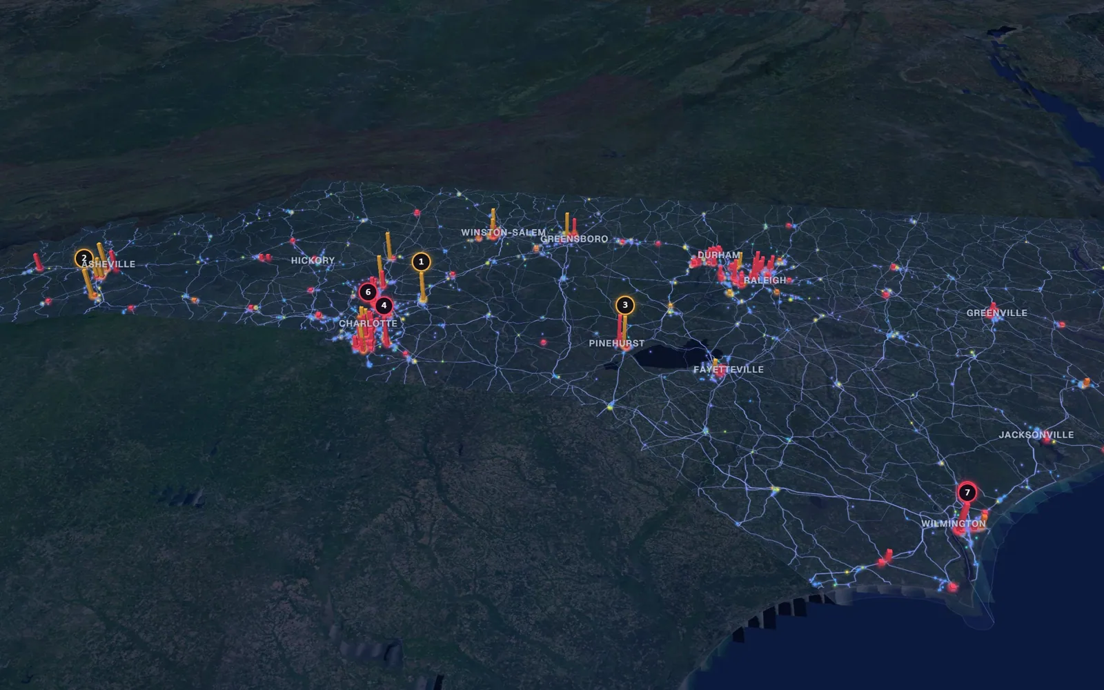 3D map of eyelid surgery surgeons in North Carolina