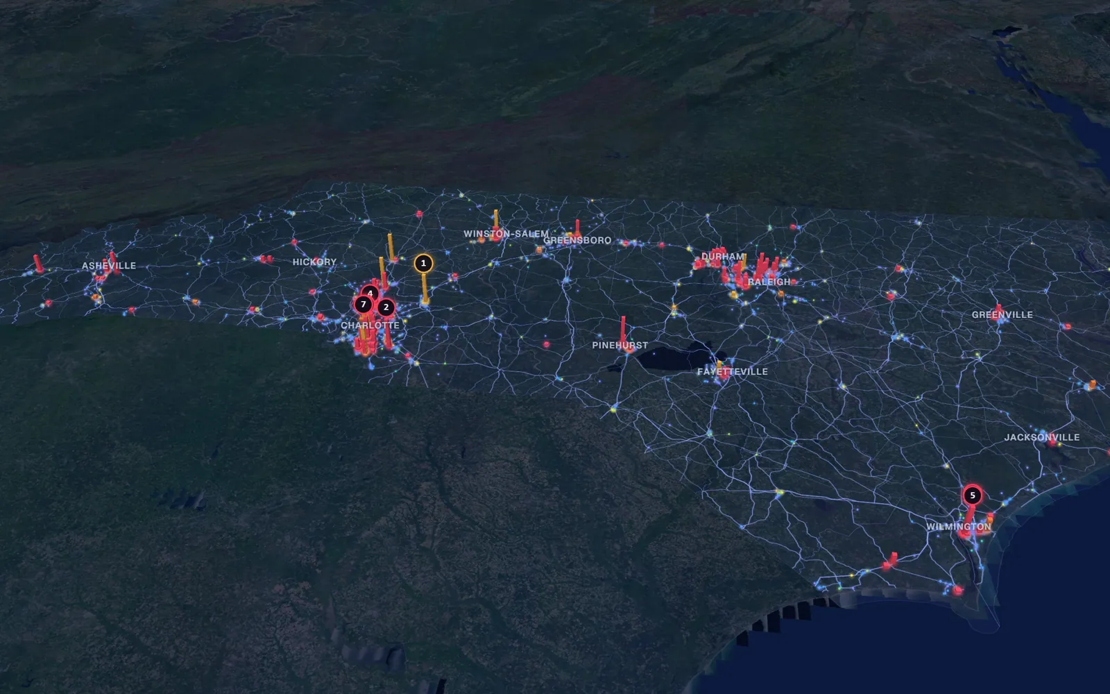 3D map of facelift surgeons in North Carolina