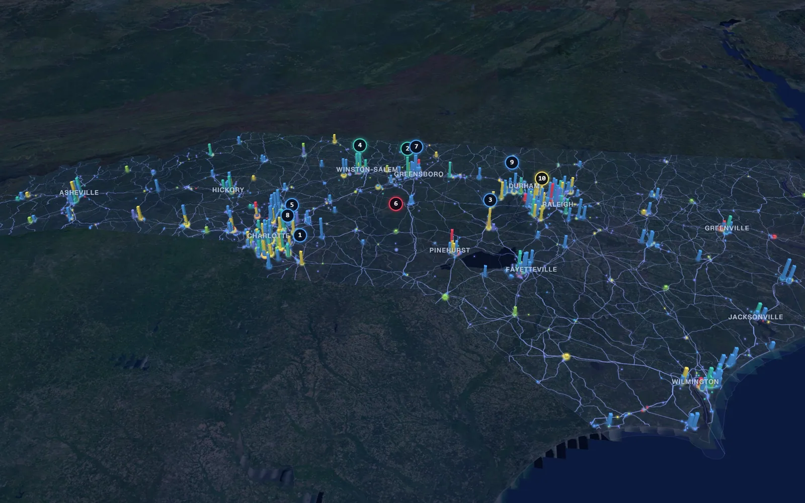3D map of laser hair removal providers in North Carolina