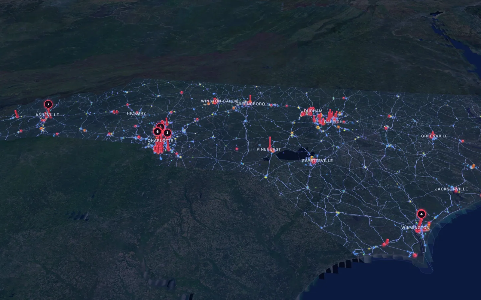 3D map of liposuction surgeons in North Carolina