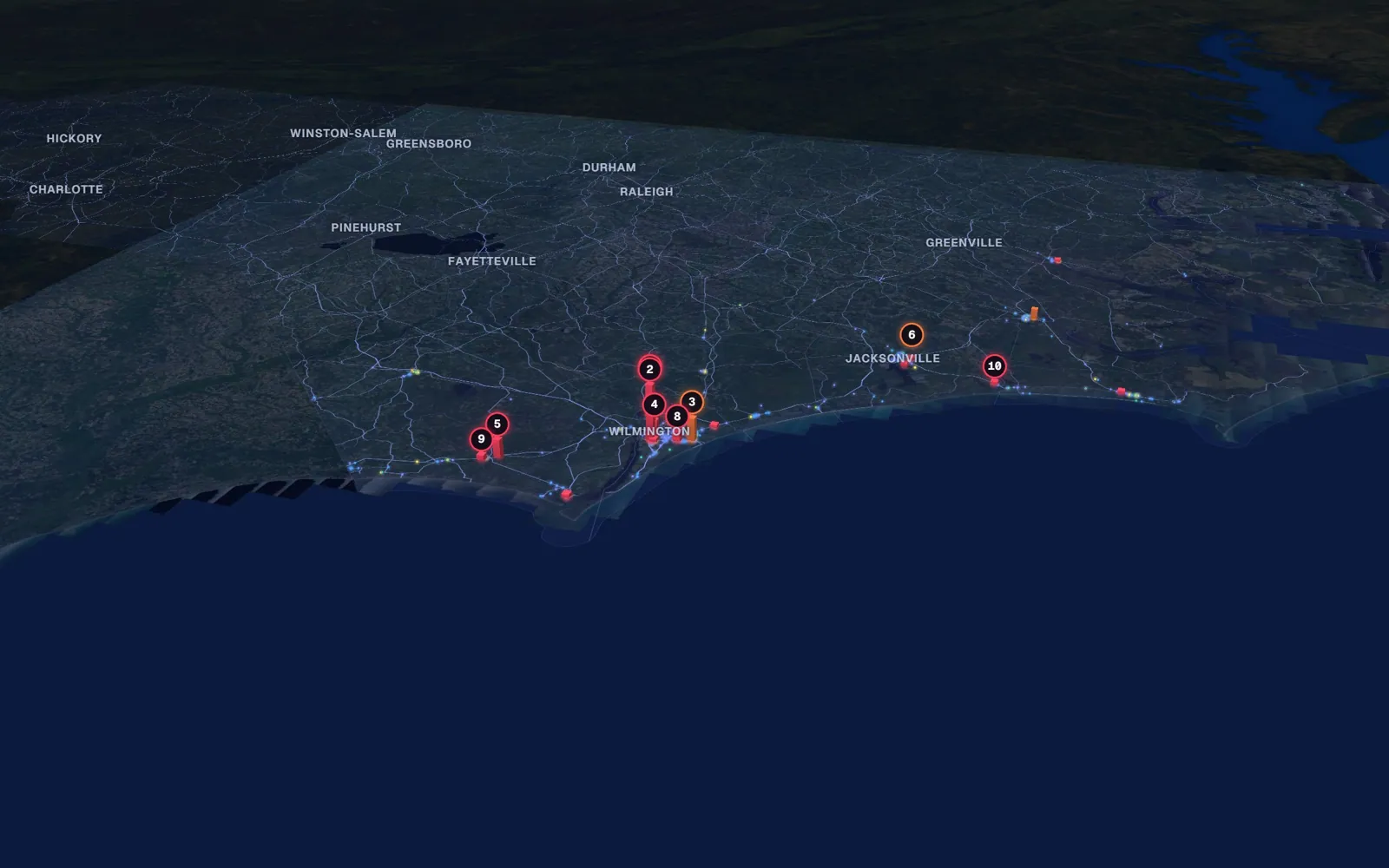 3D map of rhinoplasty surgeons, Coast North Carolina